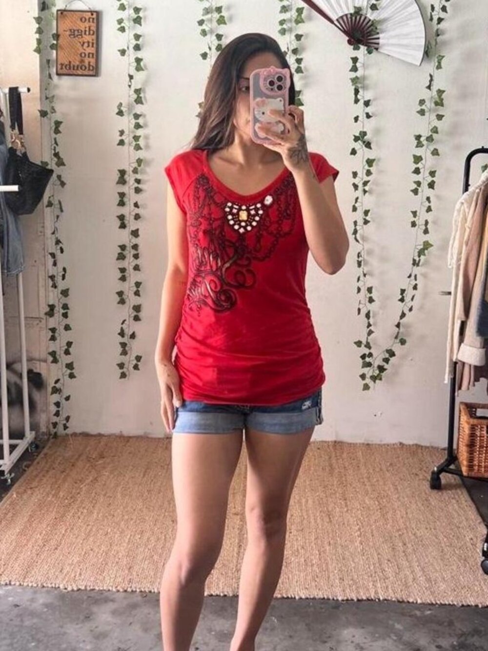 Y2K Southpole red scoop neck graphic tee with rhinestone embellishments size L